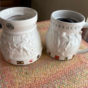 Starbucks Vintage White Embossed Globe Mugs